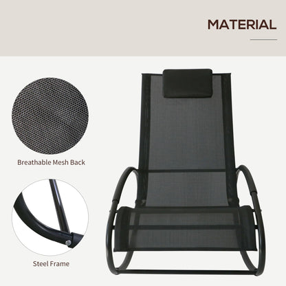 Outsunny Patio Rocking Chair, Outdoor Chaise Lounger with Headrest Pillow and Breathable Fabric for Backyard, Living Room, Deck and Poolside, Black - 7DAY'S