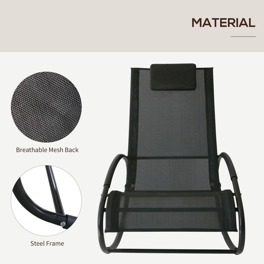 Outsunny Patio Rocking Chair, Outdoor Chaise Lounger with Headrest Pillow and Breathable Fabric for Backyard, Living Room, Deck and Poolside, Black - 7DAY'S