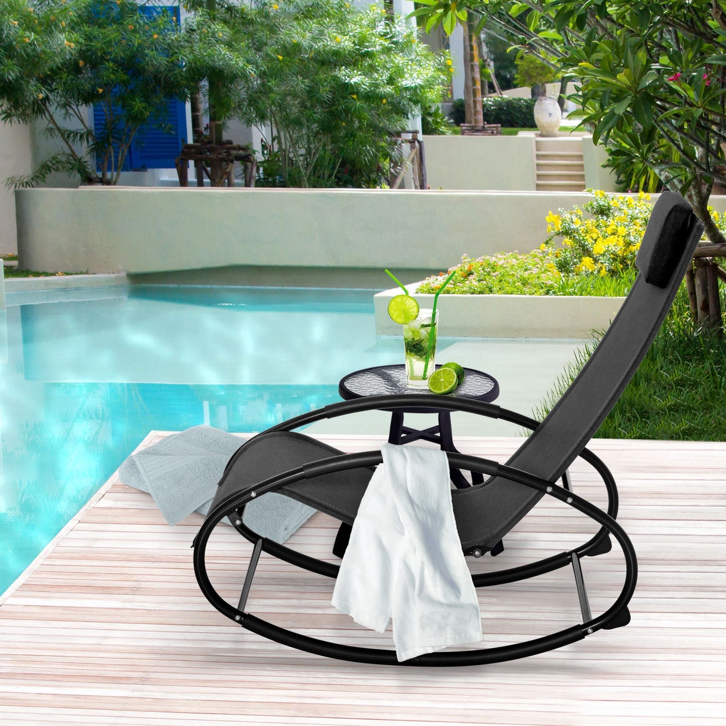 Outsunny Patio Rocking Chair, Outdoor Chaise Lounger with Headrest Pillow and Breathable Fabric for Backyard, Living Room, Deck and Poolside, Black - 7DAY'S