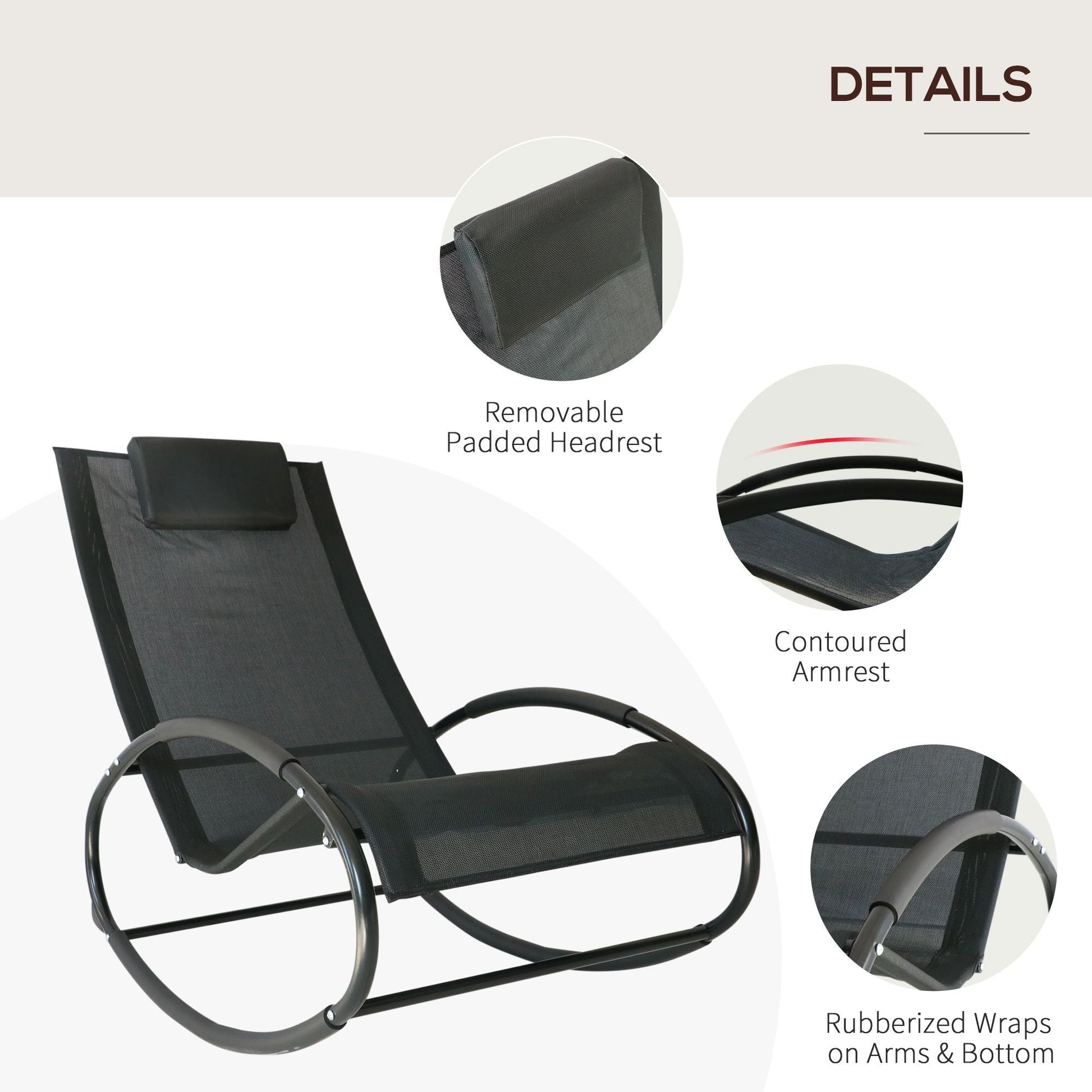Outsunny Patio Rocking Chair, Outdoor Chaise Lounger with Headrest Pillow and Breathable Fabric for Backyard, Living Room, Deck and Poolside, Black - 7DAY'S