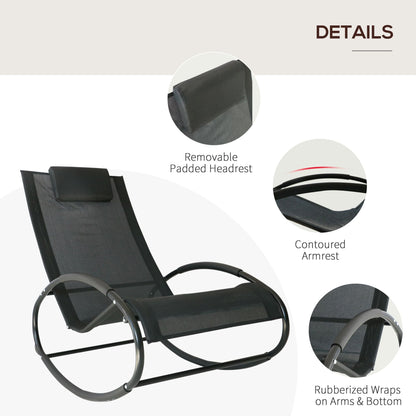 Outsunny Patio Rocking Chair, Outdoor Chaise Lounger with Headrest Pillow and Breathable Fabric for Backyard, Living Room, Deck and Poolside, Black - 7DAY'S