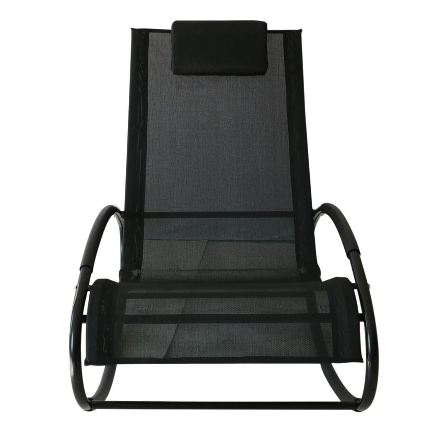 Outsunny Patio Rocking Chair, Outdoor Chaise Lounger with Headrest Pillow and Breathable Fabric for Backyard, Living Room, Deck and Poolside, Black - 7DAY'S