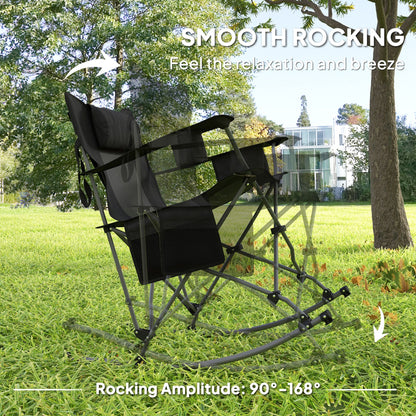 Outsunny Portable Outdoor Folding Rocking Camping Chairs with Headrest, Cooler Bag, Cup Holder, Carry Bag, 2 Pack, Black - 7DAY'S