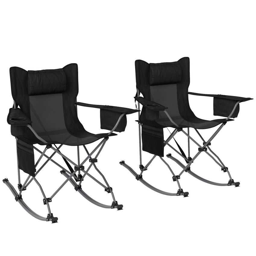Outsunny Portable Outdoor Folding Rocking Camping Chairs with Headrest, Cooler Bag, Cup Holder, Carry Bag, 2 Pack, Black - 7DAY'S