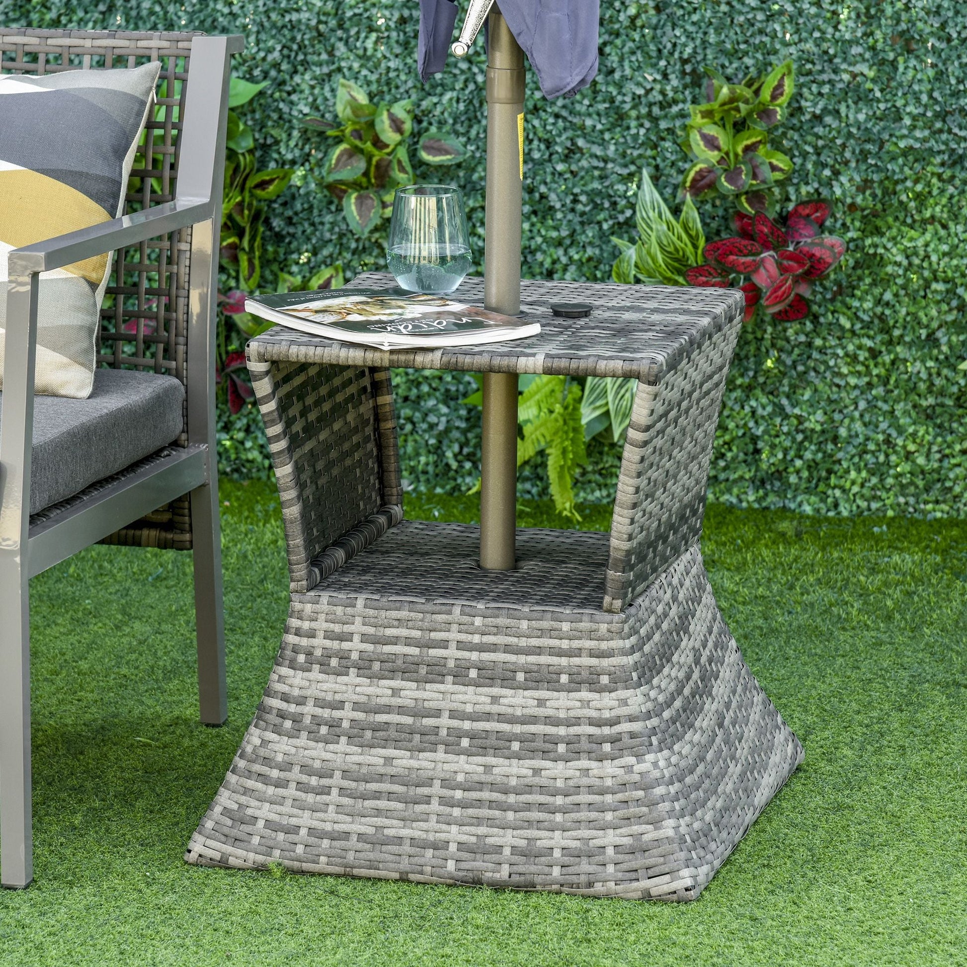 Outsunny Rattan Tea Bistro Side Table with Umbrella Hole, 2 - Tier Storage Shelf, Gray, for Patio & Backyard - 7DAY'S