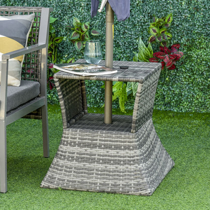 Outsunny Rattan Tea Bistro Side Table with Umbrella Hole, 2 - Tier Storage Shelf, Gray, for Patio & Backyard - 7DAY'S