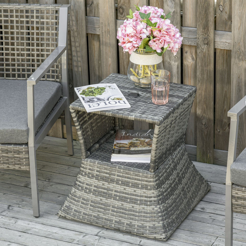 Outsunny Rattan Tea Bistro Side Table with Umbrella Hole, 2 - Tier Storage Shelf, Gray, for Patio & Backyard - 7DAY'S