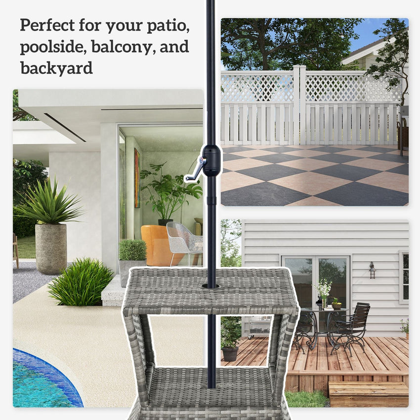 Outsunny Rattan Tea Bistro Side Table with Umbrella Hole, 2 - Tier Storage Shelf, Gray, for Patio & Backyard - 7DAY'S