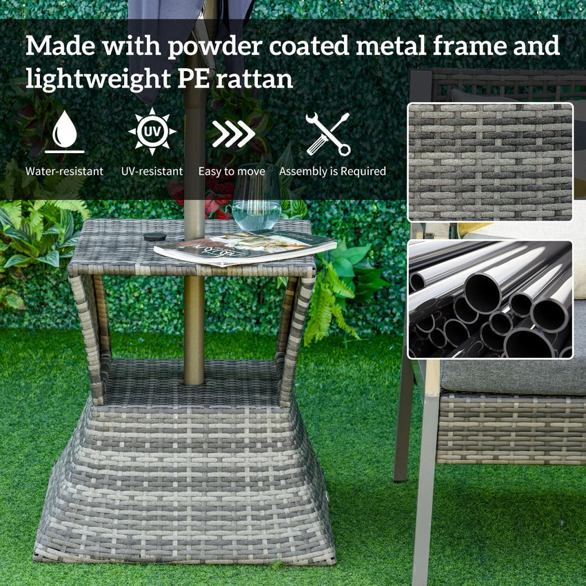 Outsunny Rattan Tea Bistro Side Table with Umbrella Hole, 2 - Tier Storage Shelf, Gray, for Patio & Backyard - 7DAY'S
