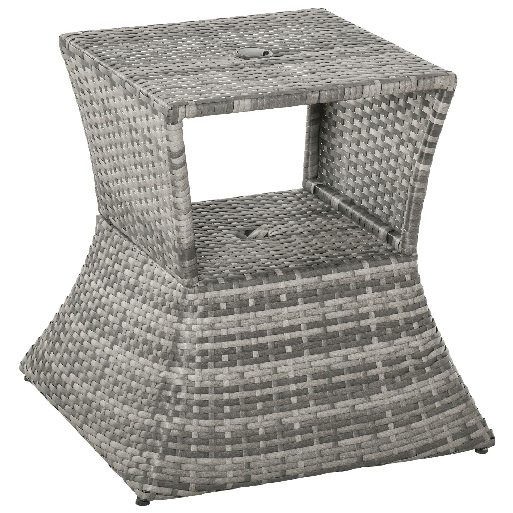 Outsunny Rattan Tea Bistro Side Table with Umbrella Hole, 2 - Tier Storage Shelf, Gray, for Patio & Backyard - 7DAY'S