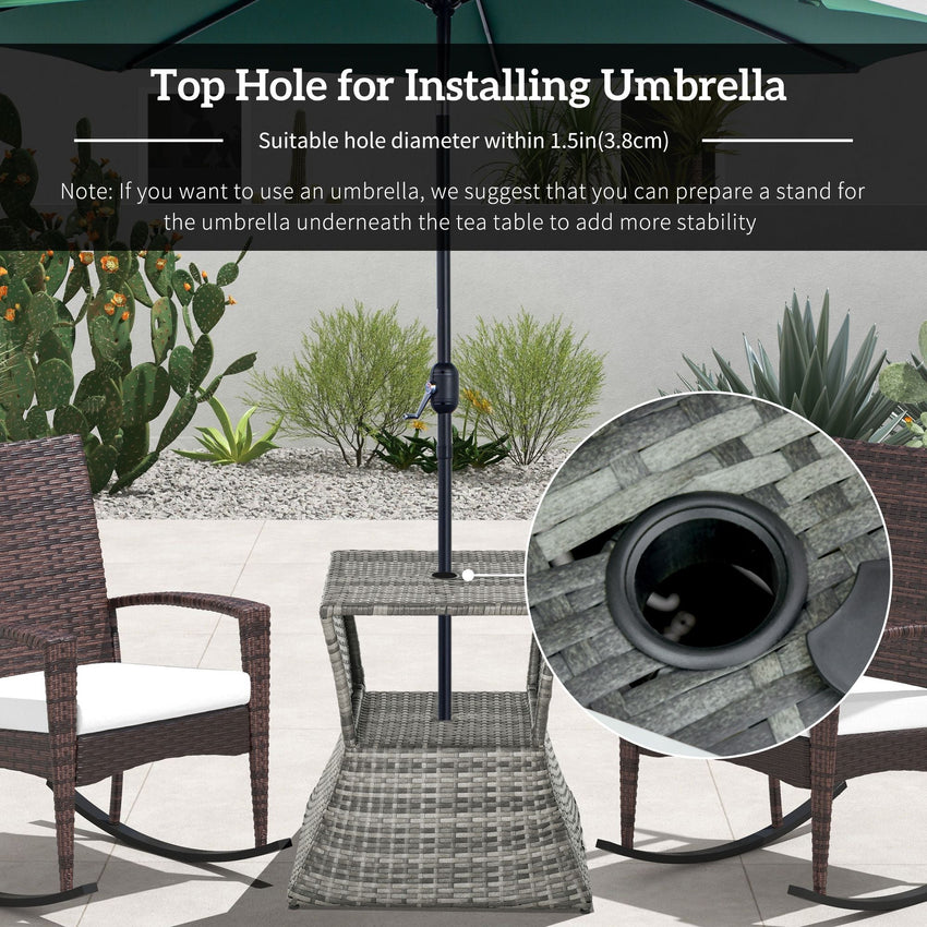Outsunny Rattan Tea Bistro Side Table with Umbrella Hole, 2 - Tier Storage Shelf, Gray, for Patio & Backyard - 7DAY'S