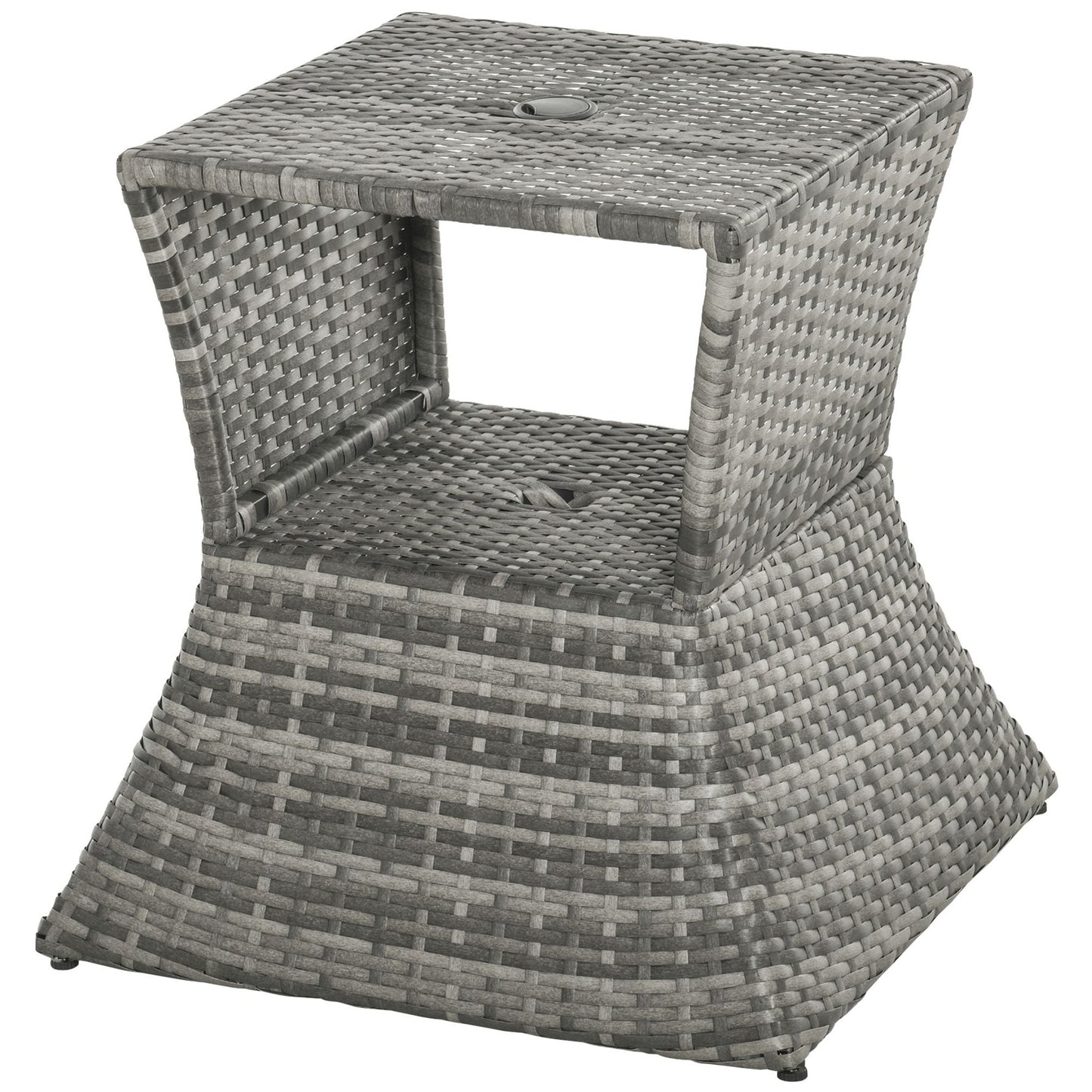 Outsunny Rattan Tea Bistro Side Table with Umbrella Hole, 2 - Tier Storage Shelf, Gray, for Patio & Backyard - 7DAY'S