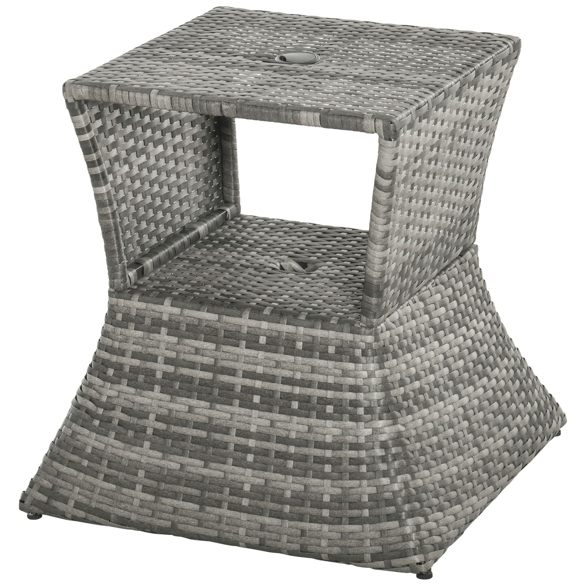 Outsunny Rattan Tea Bistro Side Table with Umbrella Hole, 2 - Tier Storage Shelf, Gray, for Patio & Backyard - 7DAY'S