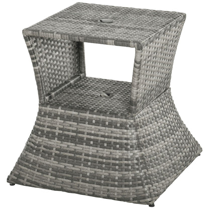Outsunny Rattan Tea Bistro Side Table with Umbrella Hole, 2 - Tier Storage Shelf, Gray, for Patio & Backyard - 7DAY'S
