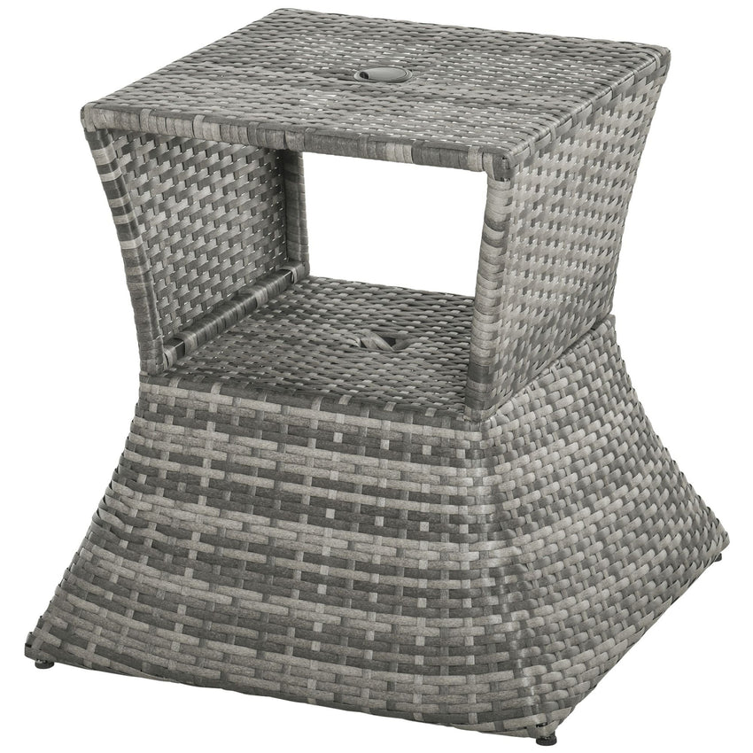 Outsunny Rattan Tea Bistro Side Table with Umbrella Hole, 2 - Tier Storage Shelf, Gray, for Patio & Backyard - 7DAY'S
