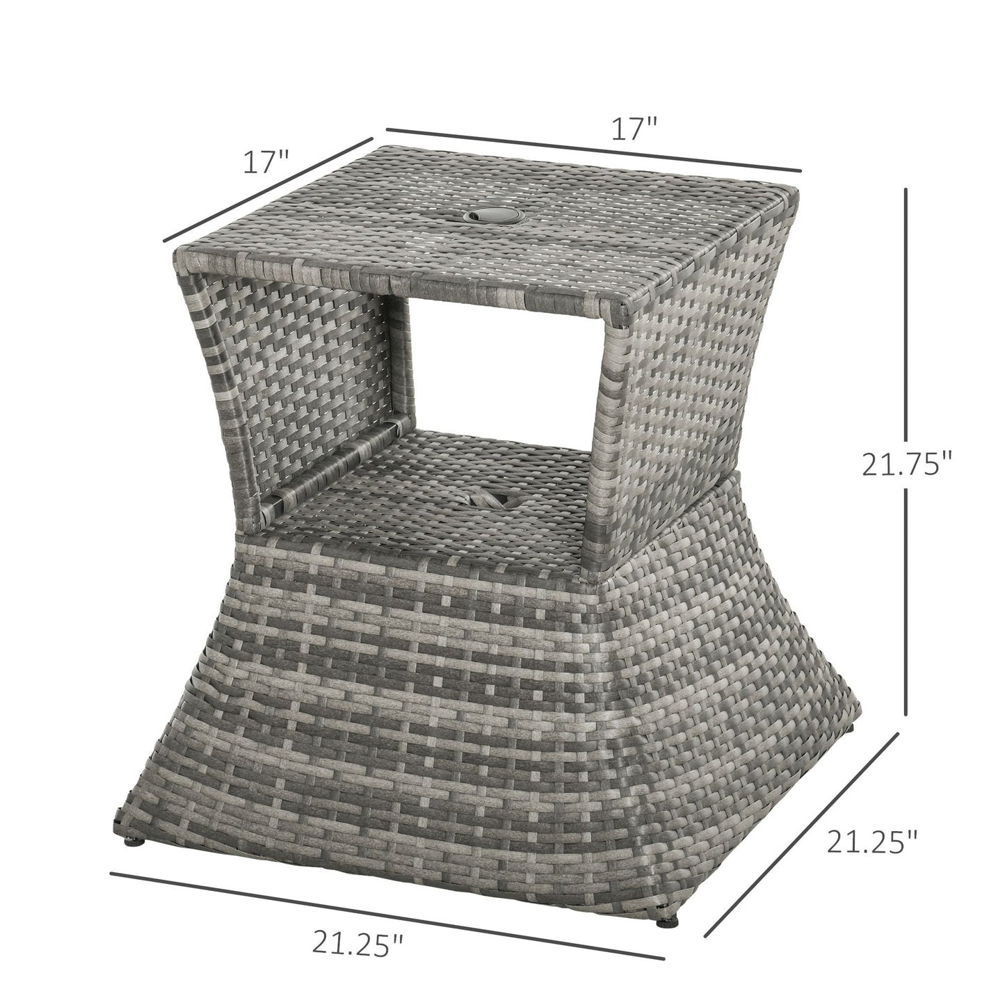 Outsunny Rattan Tea Bistro Side Table with Umbrella Hole, 2 - Tier Storage Shelf, Gray, for Patio & Backyard - 7DAY'S
