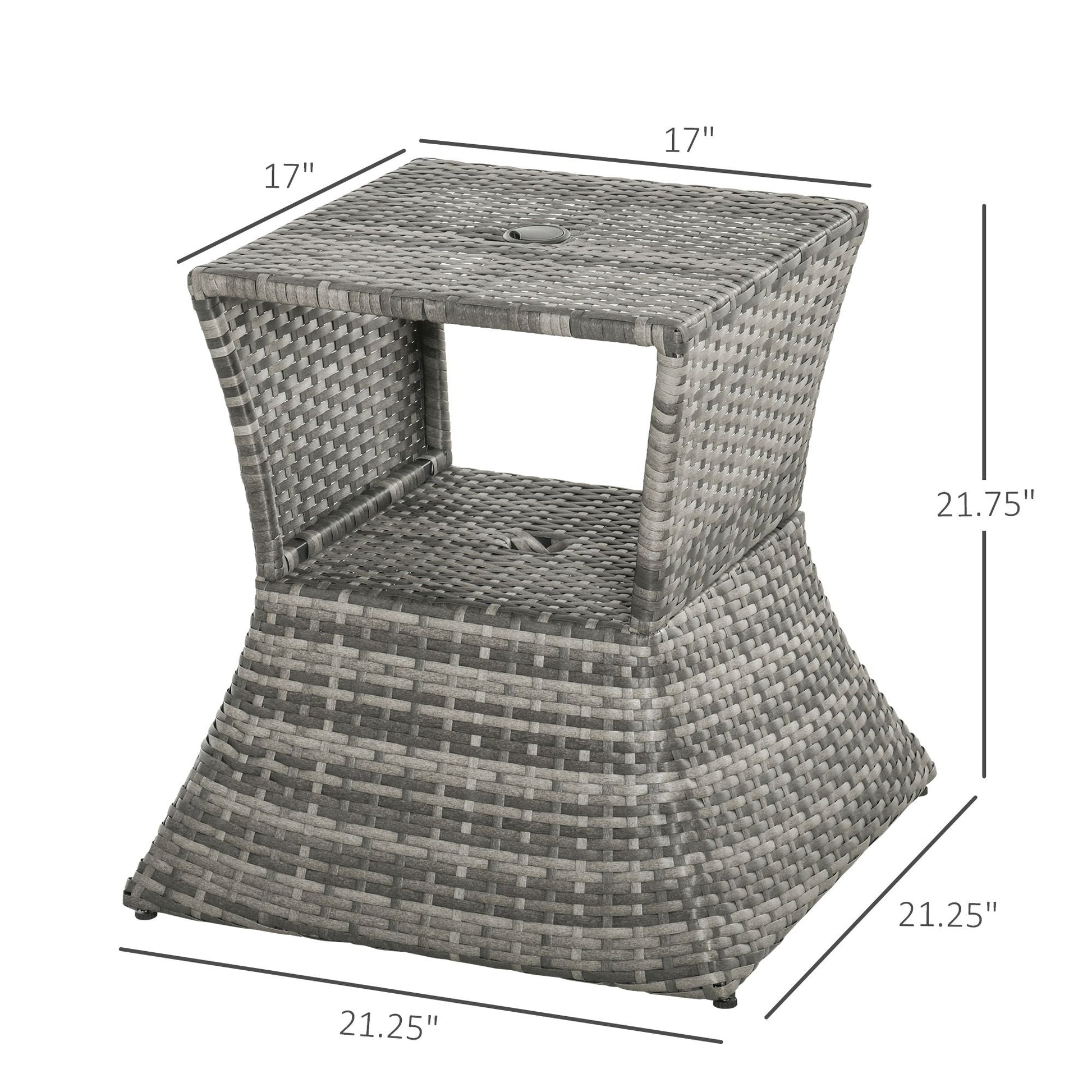 Outsunny Rattan Tea Bistro Side Table with Umbrella Hole, 2 - Tier Storage Shelf, Gray, for Patio & Backyard - 7DAY'S