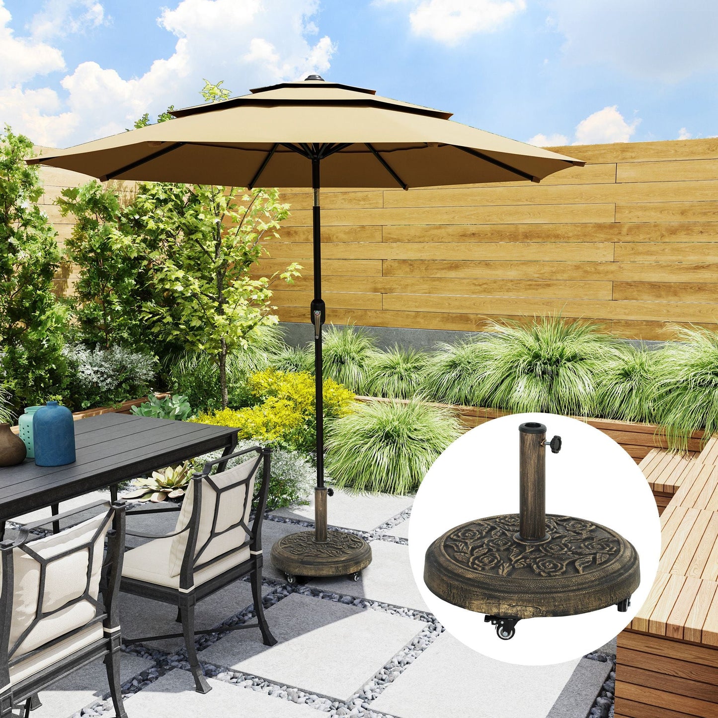 Outsunny Round Patio Umbrella Base, 46 lbs Resin Umbrella Base with Wheels, Outdoor Umbrella Stand for 1.3"/1.5"/1.9" Umbrella Poles for Outdoor, Lawn, Poolside, Bronze - 7DAY'S