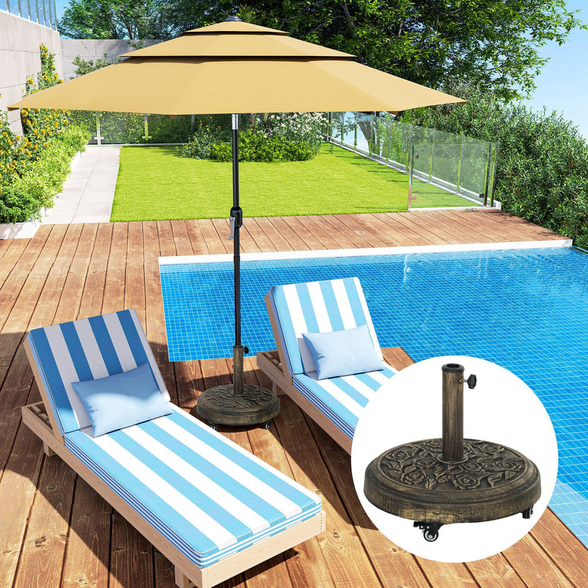 Outsunny Round Patio Umbrella Base, 46 lbs Resin Umbrella Base with Wheels, Outdoor Umbrella Stand for 1.3"/1.5"/1.9" Umbrella Poles for Outdoor, Lawn, Poolside, Bronze - 7DAY'S