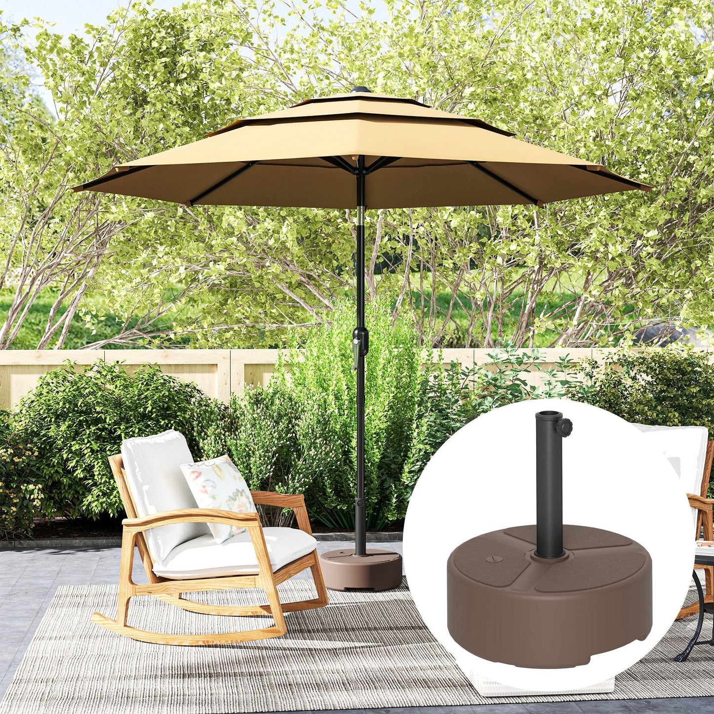 Outsunny Round Patio Umbrella Base Holder, Heavy Duty Outdoor Umbrella Stand Base, Filled Up to 44lbs with Stand or 40lbs with Water for Garden, Poolside, Brown - 7DAY'S