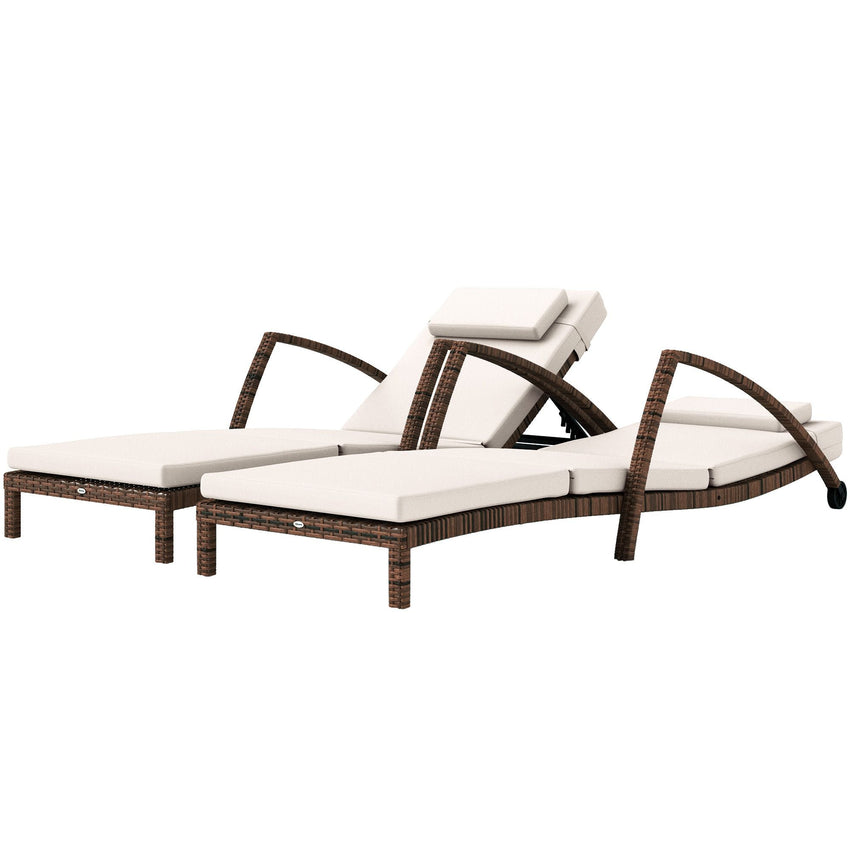 Outsunny Set of 2 Wicker Chaise Lounge Chair Outdoor Patio Lounger with Adjustable Back, Wheels, Cushion, and Armrests, Beige - 7DAY'S