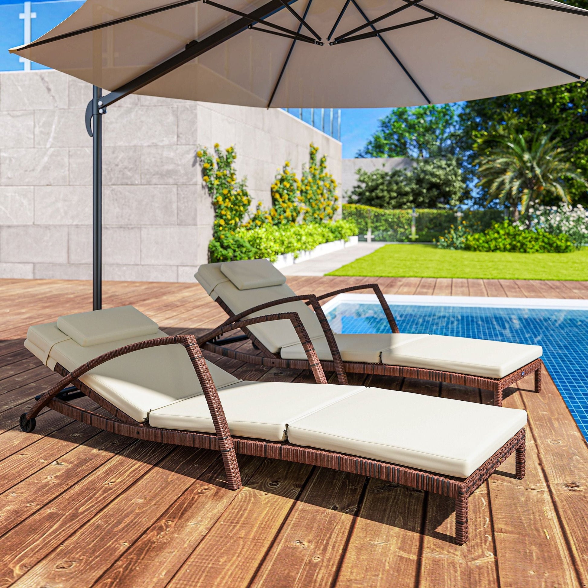 Outsunny Set of 2 Wicker Chaise Lounge Chair Outdoor Patio Lounger with Adjustable Back, Wheels, Cushion, and Armrests, Beige - 7DAY'S
