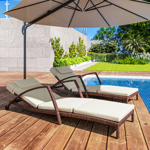 Outsunny Set of 2 Wicker Chaise Lounge Chair Outdoor Patio Lounger with Adjustable Back, Wheels, Cushion, and Armrests, Beige - 7DAY'S