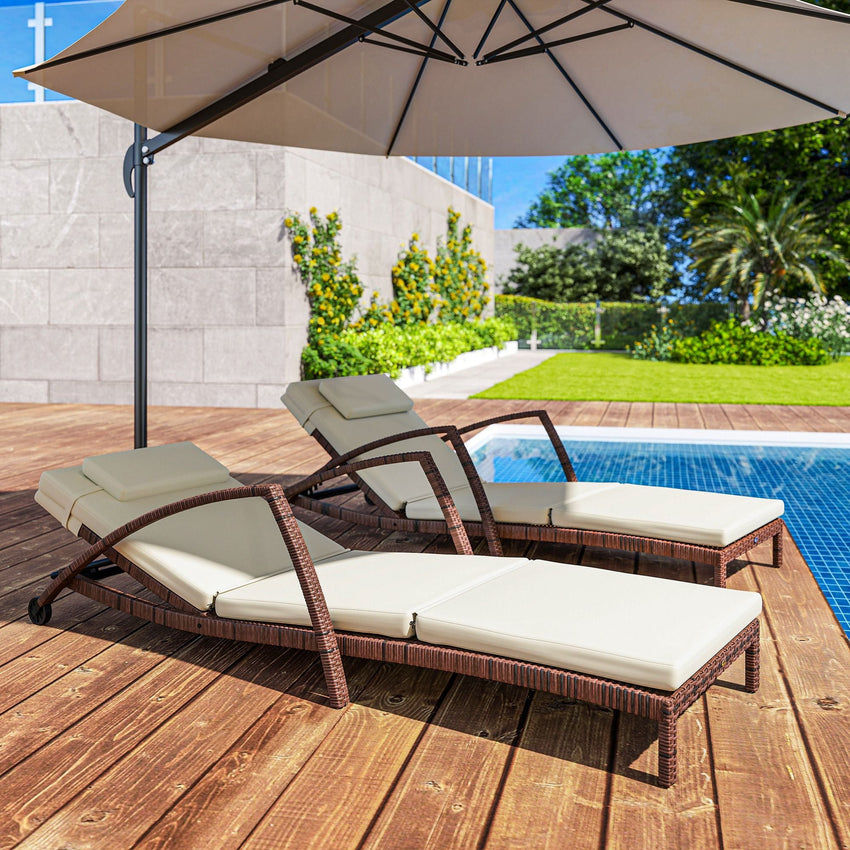 Outsunny Set of 2 Wicker Chaise Lounge Chair Outdoor Patio Lounger with Adjustable Back, Wheels, Cushion, and Armrests, Beige - 7DAY'S