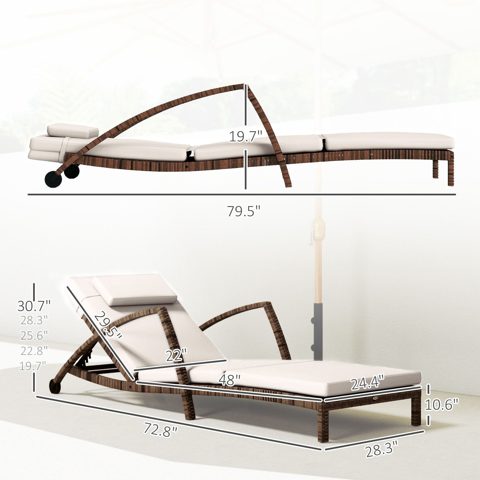 Outsunny Set of 2 Wicker Chaise Lounge Chair Outdoor Patio Lounger with Adjustable Back, Wheels, Cushion, and Armrests, Beige - 7DAY'S