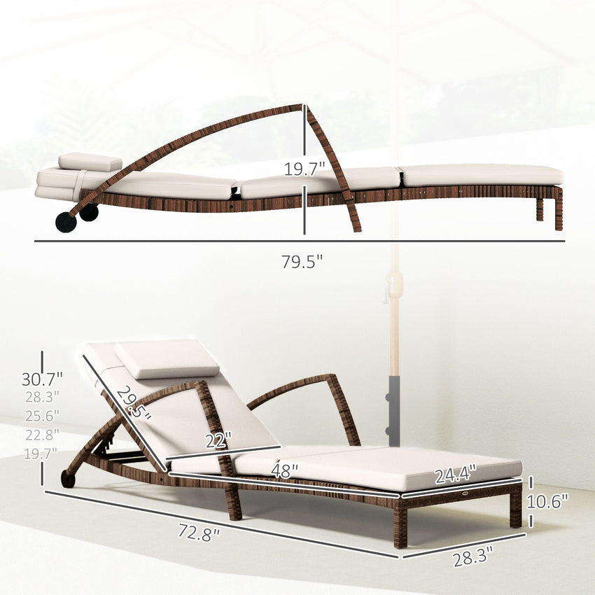 Outsunny Set of 2 Wicker Chaise Lounge Chair Outdoor Patio Lounger with Adjustable Back, Wheels, Cushion, and Armrests, Beige - 7DAY'S