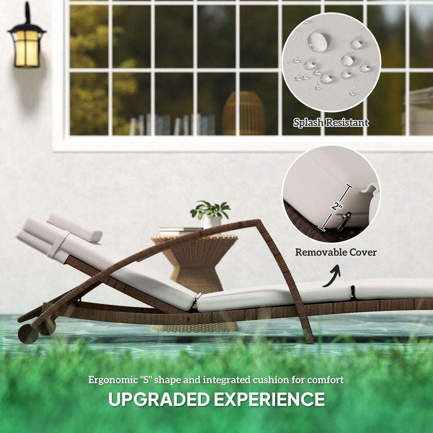 Outsunny Set of 2 Wicker Chaise Lounge Chair Outdoor Patio Lounger with Adjustable Back, Wheels, Cushion, and Armrests, Beige - 7DAY'S
