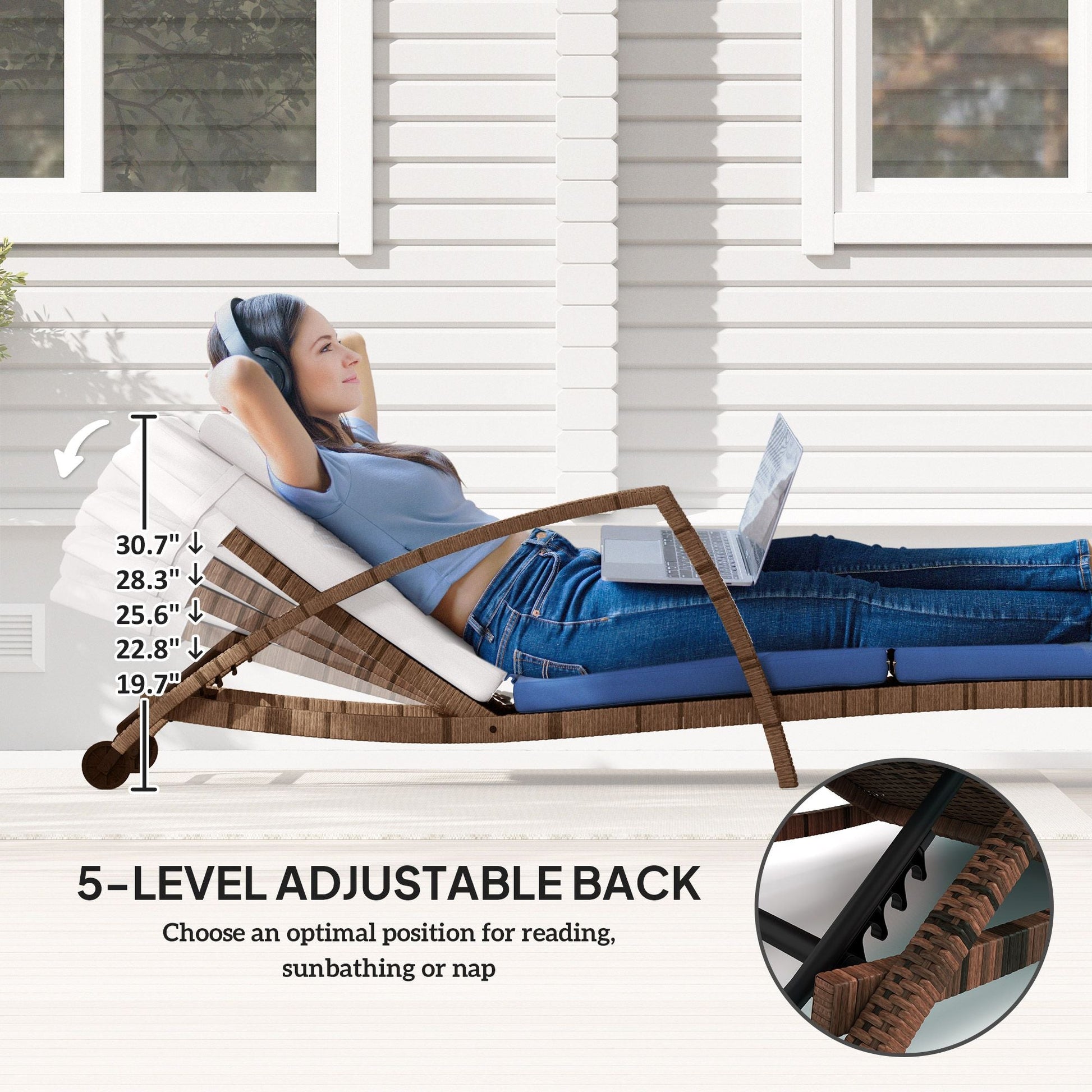 Outsunny Set of 2 Wicker Chaise Lounge Chair Outdoor Patio Lounger with Adjustable Back, Wheels, Cushion, and Armrests, Beige - 7DAY'S