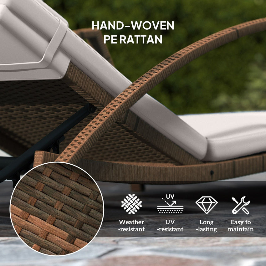 Outsunny Set of 2 Wicker Chaise Lounge Chair Outdoor Patio Lounger with Adjustable Back, Wheels, Cushion, and Armrests, Beige - 7DAY'S