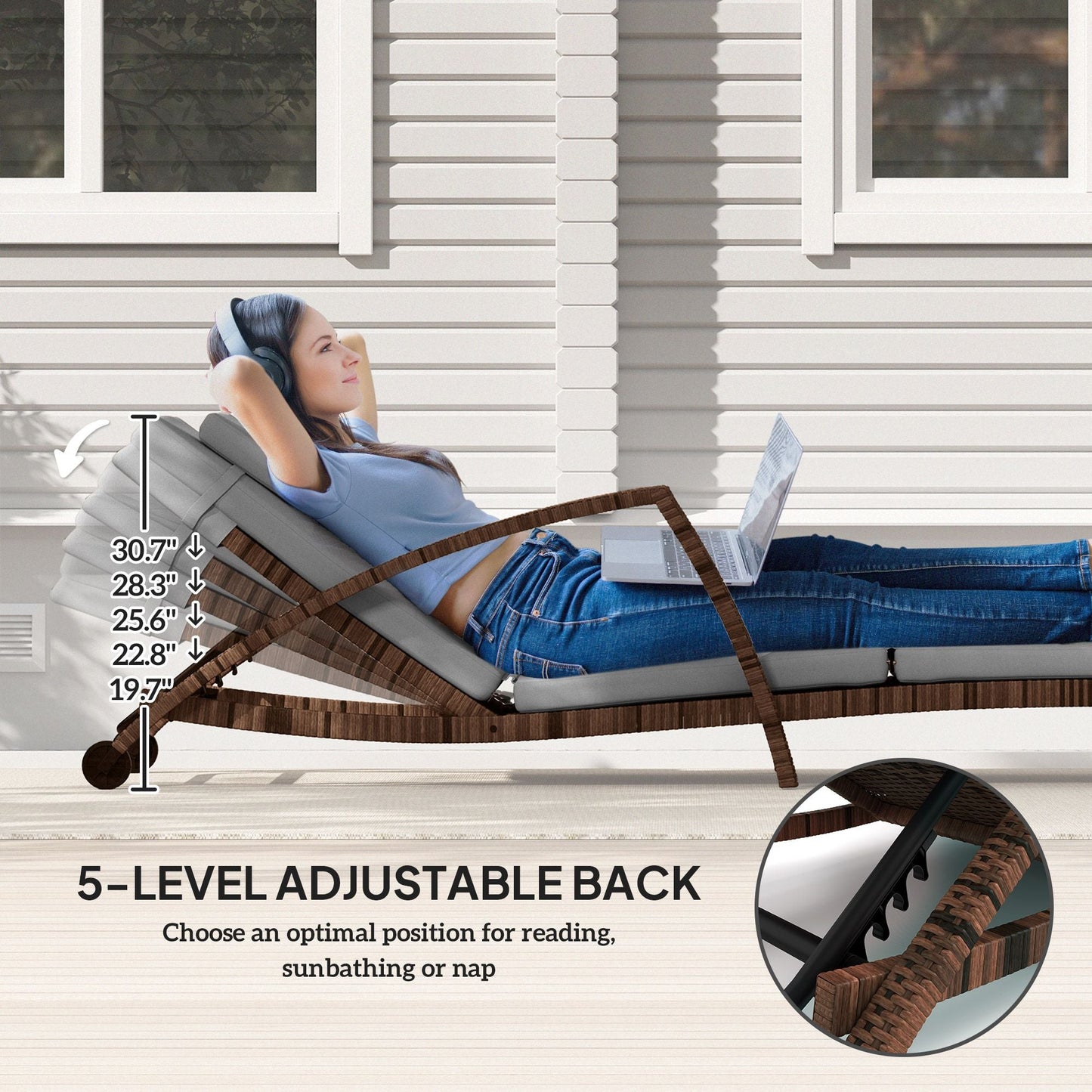 Outsunny Set of 2 Wicker Chaise Lounge Chair Outdoor Patio Lounger with Adjustable Back, Wheels, Cushion, and Armrests, Gray - 7DAY'S