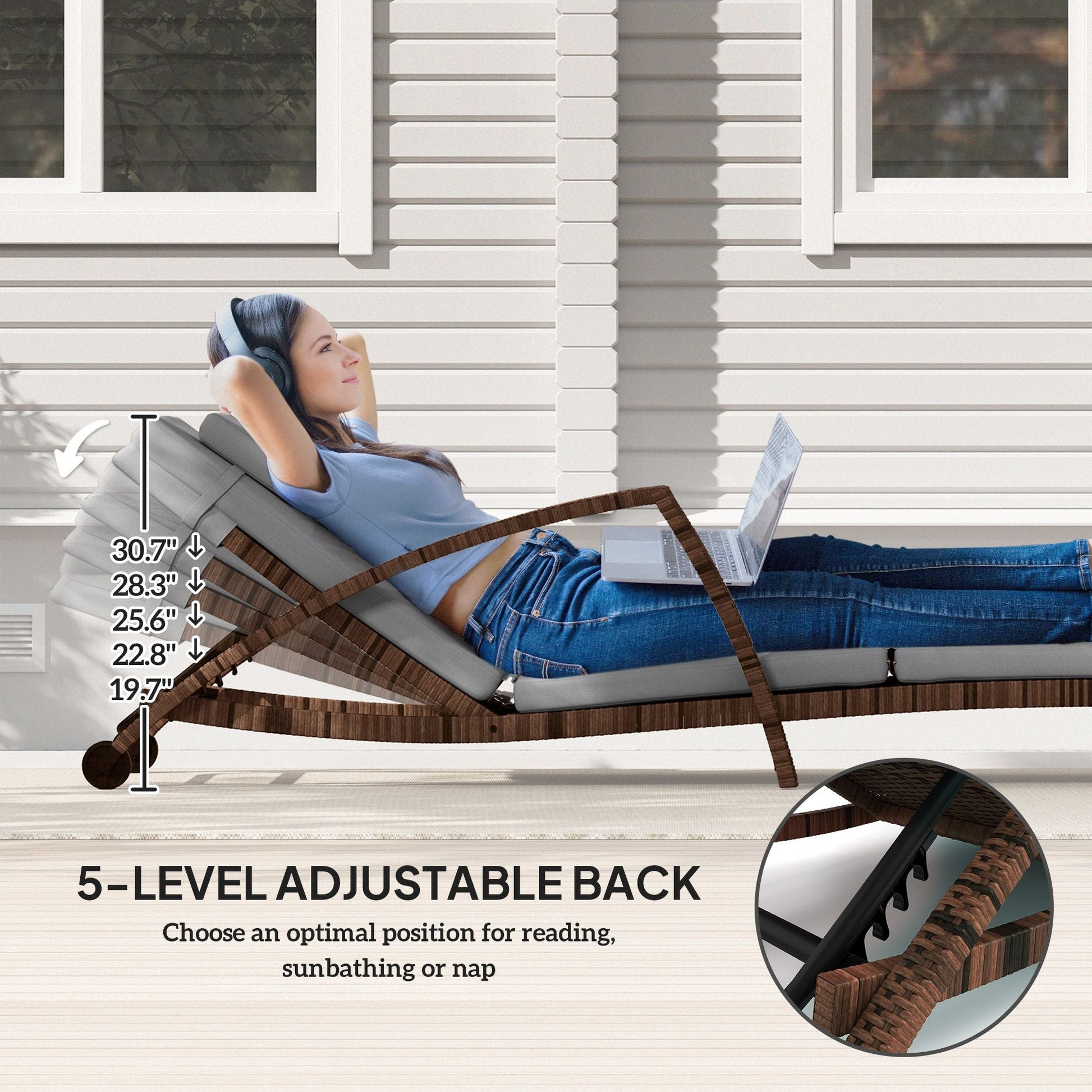 Outsunny Set of 2 Wicker Chaise Lounge Chair Outdoor Patio Lounger with Adjustable Back, Wheels, Cushion, and Armrests, Gray - 7DAY'S