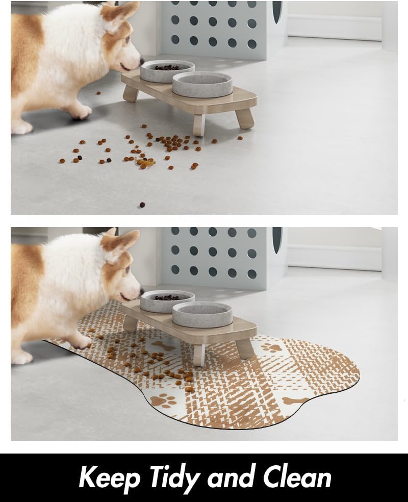 PADOOR Absorbent Pet Food Mat - Bone Shaped Dog Bowl Mat - Quick Dry, No Stains - Placemat for Sloppy Drinkers, 12"x19", Brown - 7DAY'S