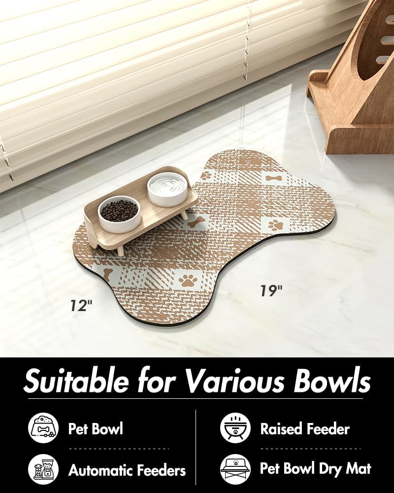 PADOOR Absorbent Pet Food Mat - Bone Shaped Dog Bowl Mat - Quick Dry, No Stains - Placemat for Sloppy Drinkers, 12"x19", Brown - 7DAY'S