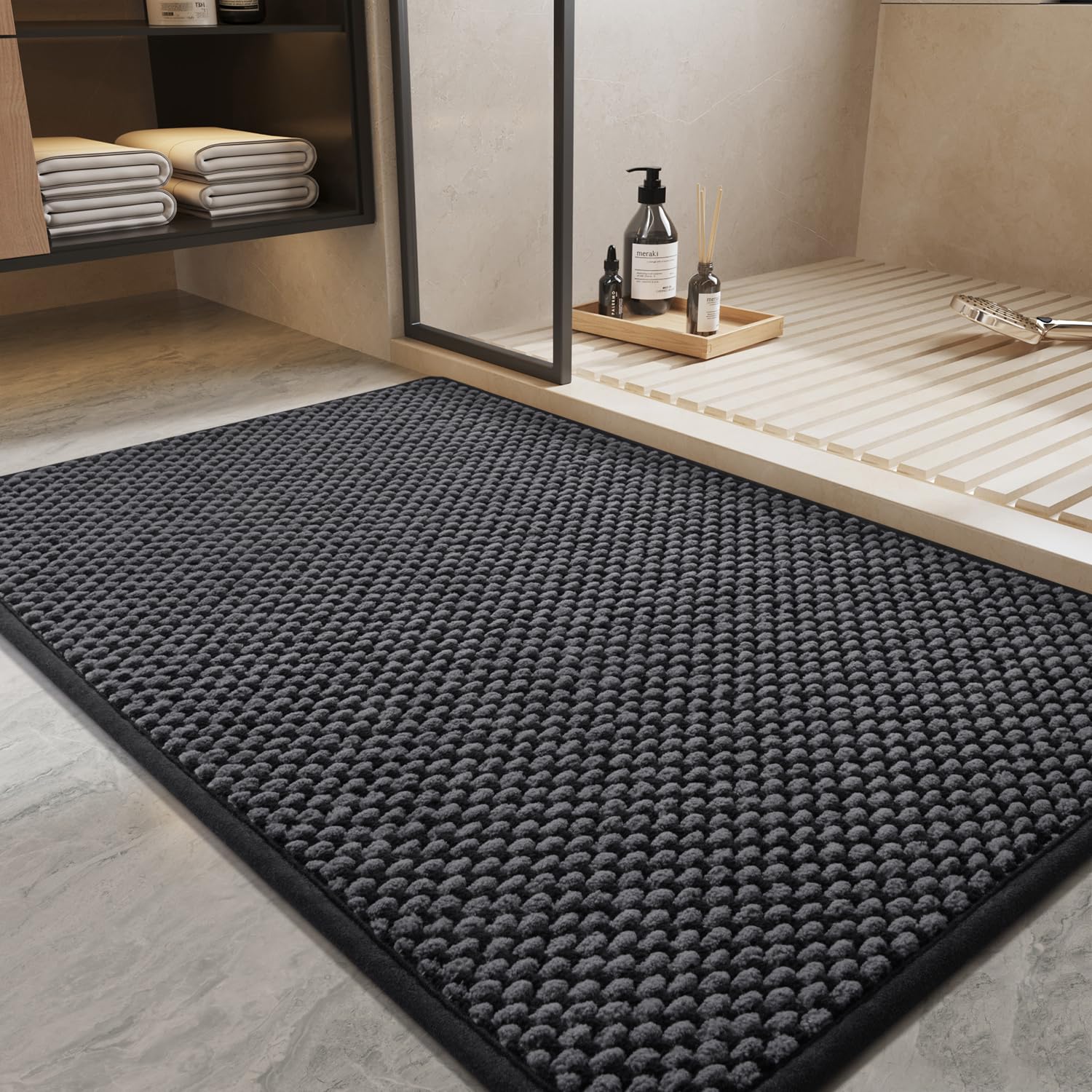 PADOOR - Bath Mat - Super Absorbent Chenille Bathroom Mats - Rubber Backed Bath Mats for Bathroom Non Slip, Machine Washable Bathroom Rugs Front of Bathtub,Shower Room,Sink - 17×28, Beige&Cream - 7DAY'S