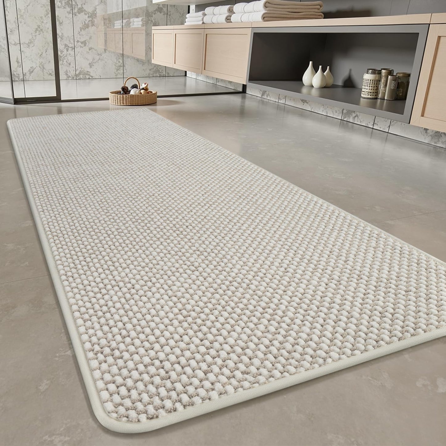 PADOOR - Bath Mat - Super Absorbent Chenille Bathroom Mats - Rubber Backed Bath Mats for Bathroom Non Slip, Machine Washable Bathroom Rugs Front of Bathtub,Shower Room,Sink - 17×28, Beige&Cream - 7DAY'S