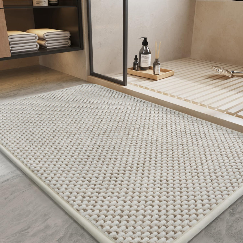 PADOOR - Bath Mat - Super Absorbent Chenille Bathroom Mats - Rubber Backed Bath Mats for Bathroom Non Slip, Machine Washable Bathroom Rugs Front of Bathtub,Shower Room,Sink - 17×28, Beige&Cream - 7DAY'S