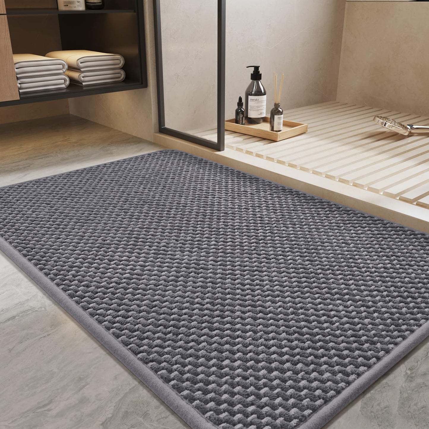 PADOOR - Bath Mat - Super Absorbent Chenille Bathroom Mats - Rubber Backed Bath Mats for Bathroom Non Slip, Machine Washable Bathroom Rugs Front of Bathtub,Shower Room,Sink - 17×28, Beige&Cream - 7DAY'S