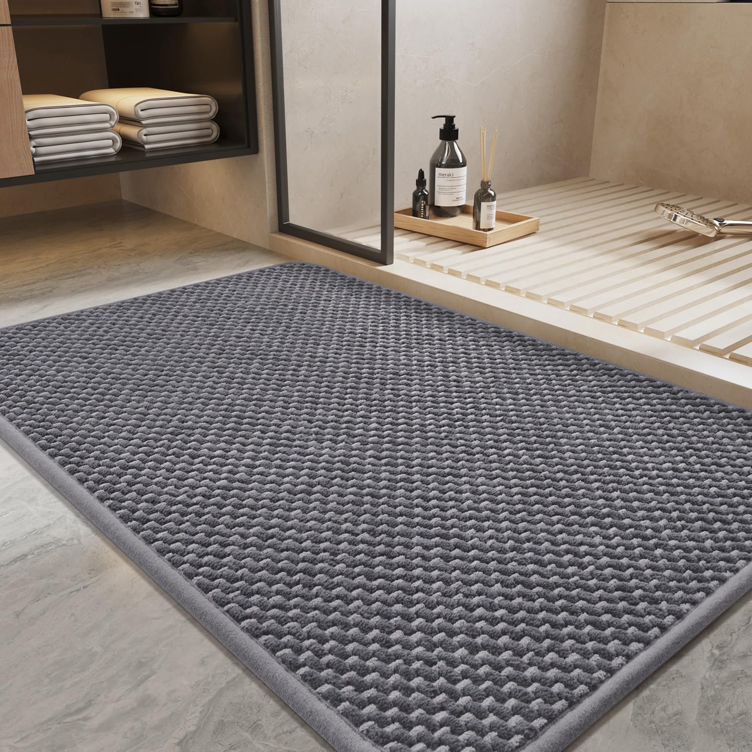 PADOOR - Bath Mat - Super Absorbent Chenille Bathroom Mats - Rubber Backed Bath Mats for Bathroom Non Slip, Machine Washable Bathroom Rugs Front of Bathtub,Shower Room,Sink - 17×28, Beige&Cream - 7DAY'S