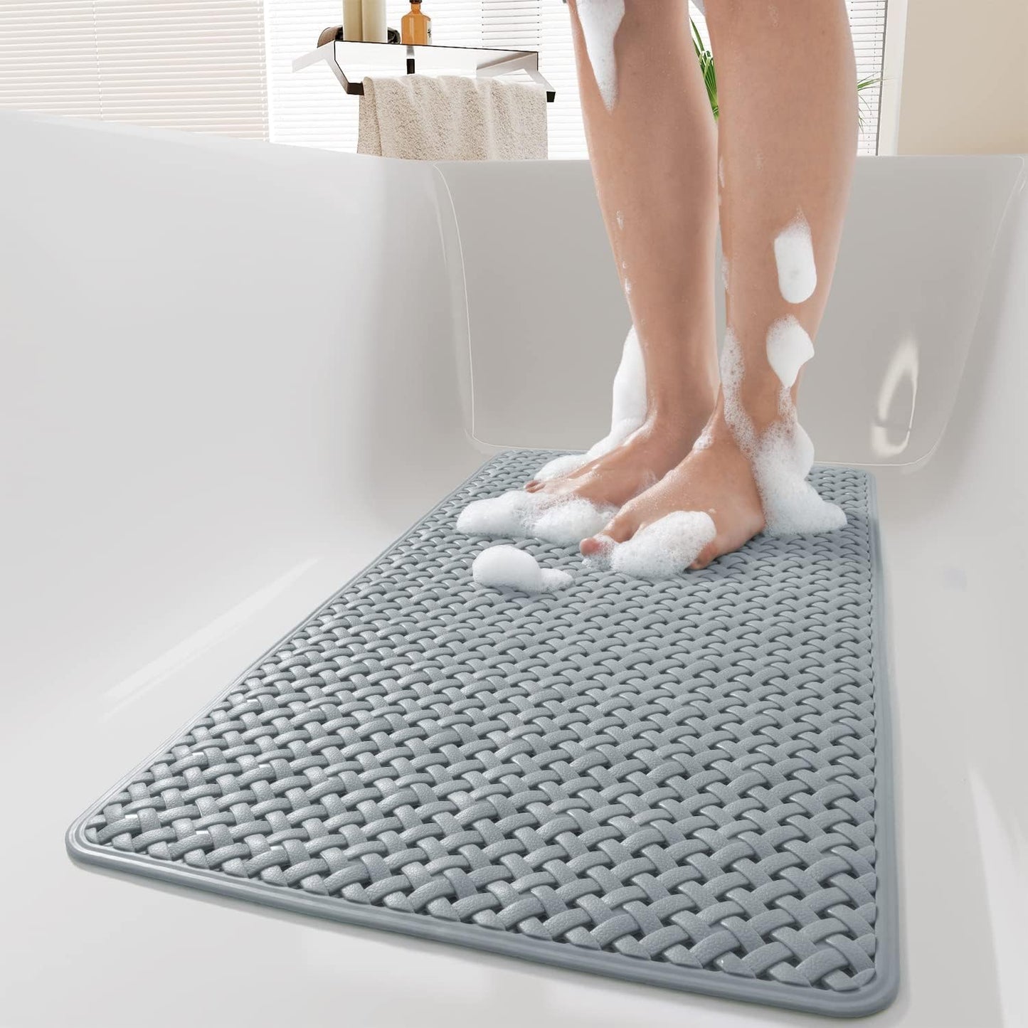 PADOOR Bathtub - Mat Set Non Slip with Suction Cups and Drain Holes, Shower Mat for Tub for Kids 14"x27"+16"x40",Grey - 7DAY'S