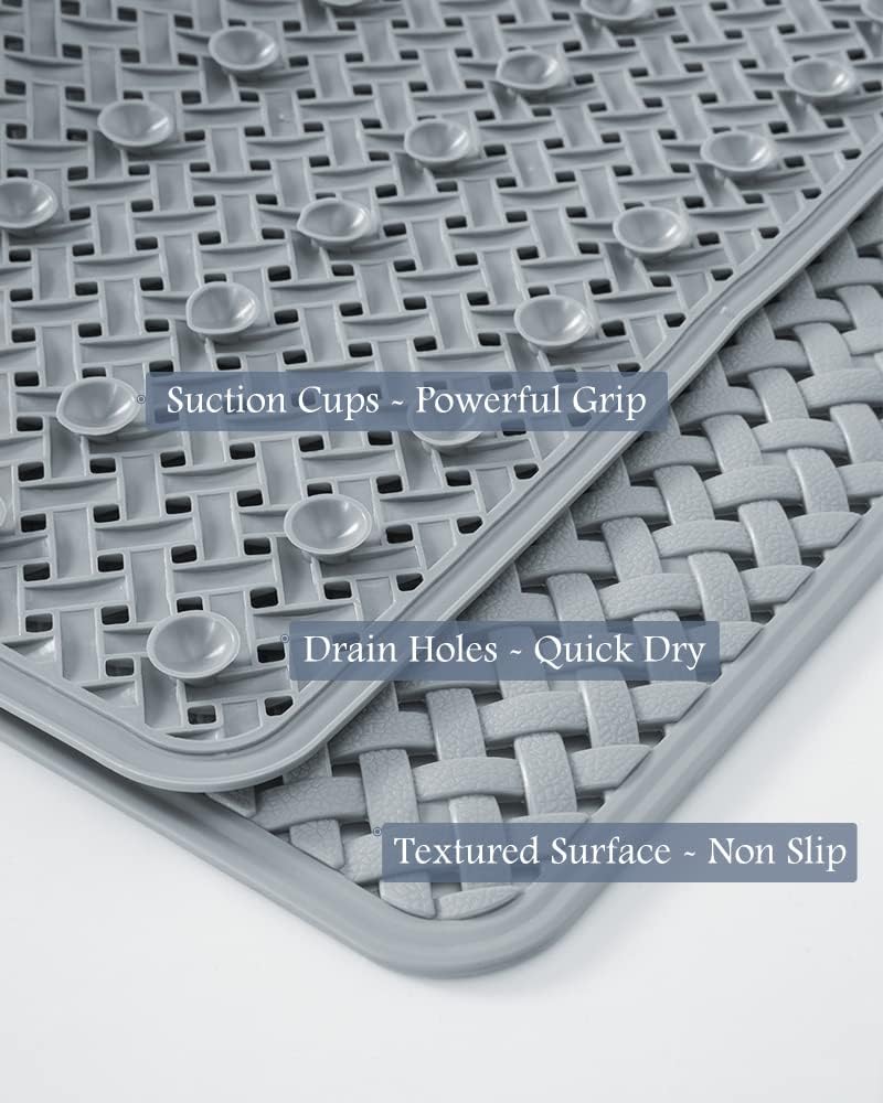 PADOOR Bathtub - Mat Set Non Slip with Suction Cups and Drain Holes, Shower Mat for Tub for Kids 14"x27"+16"x40",Grey - 7DAY'S