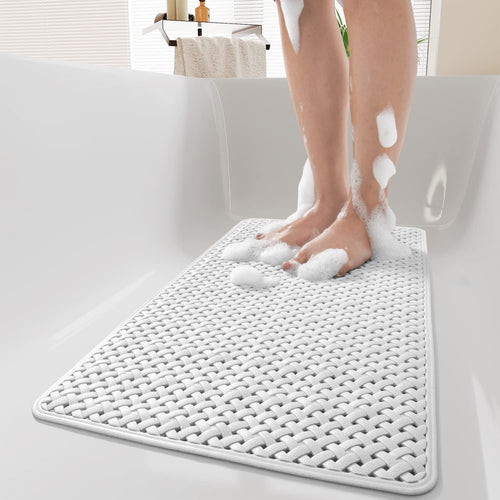 PADOOR Bathtub-Mat Set Non Slip with Suction Cups and Drain Holes, Shower Mat for Tub for Kids 17"x28"+24"x36",White