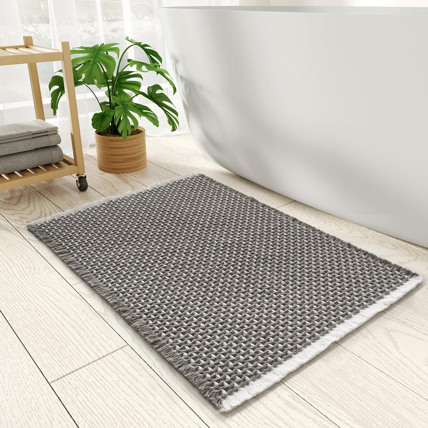 PADOOR Checkered Bath Mat, Super Absorbent Non Slip Bath Mats for Bathroom Floor 3D Two Tone Woven Bathroom Mat with Tassels Machine Washable Bathroom Rugs Beside Tub, 17" x 24", Brown & Cream - 7DAY'S