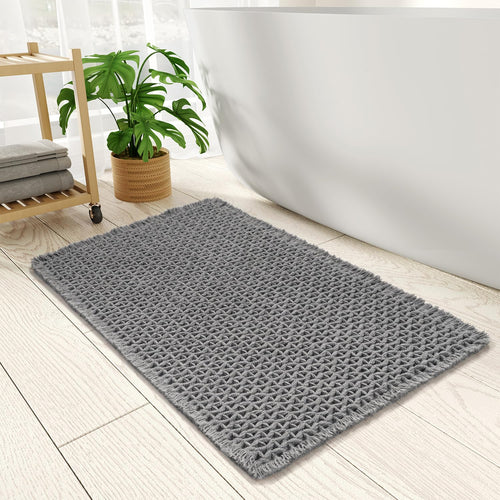 PADOOR Checkered Bath Mat, Super Absorbent Non Slip Bath Mats for Bathroom Floor 3D Two Tone Woven Bathroom Mat with Tassels Machine Washable Bathroom Rugs Beside Tub, 17" x 24", Brown & Cream - 7DAY'S