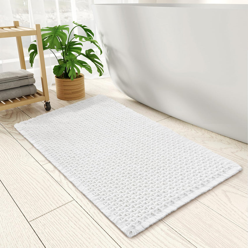 PADOOR Checkered Bath Mat, Super Absorbent Non Slip Bath Mats for Bathroom Floor 3D Two Tone Woven Bathroom Mat with Tassels Machine Washable Bathroom Rugs Beside Tub, 17" x 24", Brown & Cream - 7DAY'S