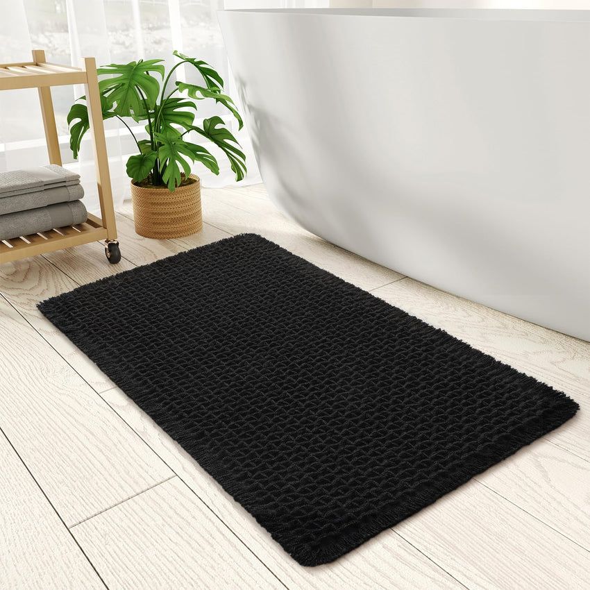 PADOOR Checkered Bath Mat, Super Absorbent Non Slip Bath Mats for Bathroom Floor 3D Two Tone Woven Bathroom Mat with Tassels Machine Washable Bathroom Rugs Beside Tub, 17" x 24", Brown & Cream - 7DAY'S