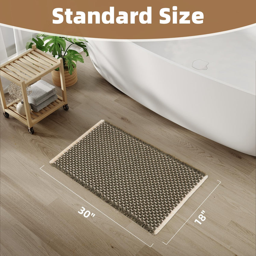PADOOR Checkered Bath Mat, Super Absorbent Non Slip Bath Mats for Bathroom Floor 3D Two Tone Woven Bathroom Mat with Tassels Machine Washable Bathroom Rugs Beside Tub, 17" x 24", Brown & Cream - 7DAY'S